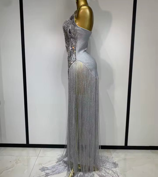 Women Silver Sexy Strapless Rhinestone Fringe Tassel Dress