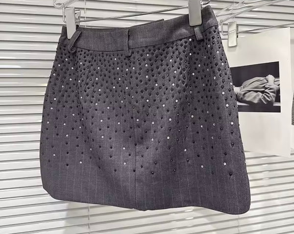 Women Sexy Fashion Gray Rhinestone Patchwork Skirt