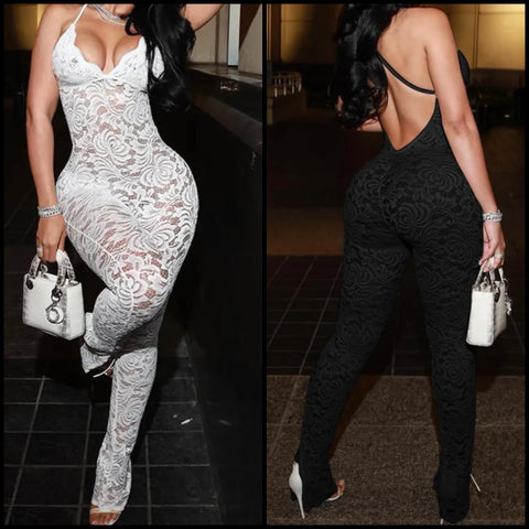 Women Sexy Sleeveless Open Back Lace Jumpsuit