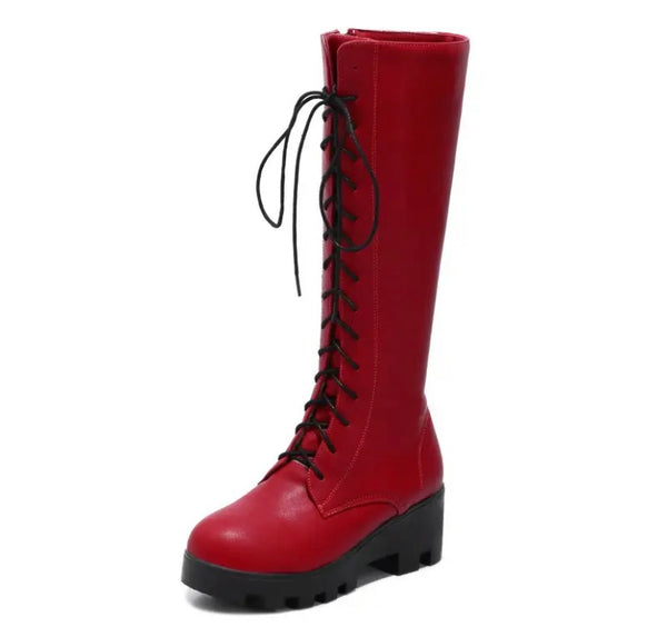 Women Fashion Faux Leather Lace Up Platform Knee High Boots