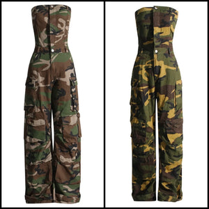 Women Strapless Button Up Camouflage Cargo Jumpsuit