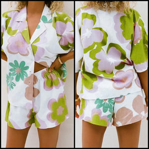 Women Fashion Printed Short Sleeve Button Up Two Piece Short Set