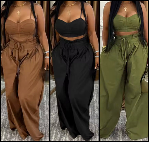 Women Color Sleeveless Crop Fashion Two Piece Wide Leg Pant Set