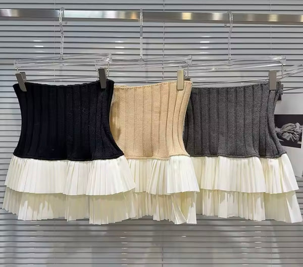 Women Color Fashion Ribbed Ruffled Skirt