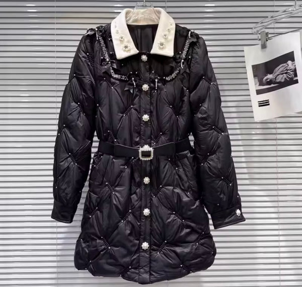 Women Fashion B&W Rhinestone Button Up Belted Long Jacket