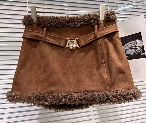 Women Brown Sleeveless Fashion Two Piece Suede Fur Skirt Set