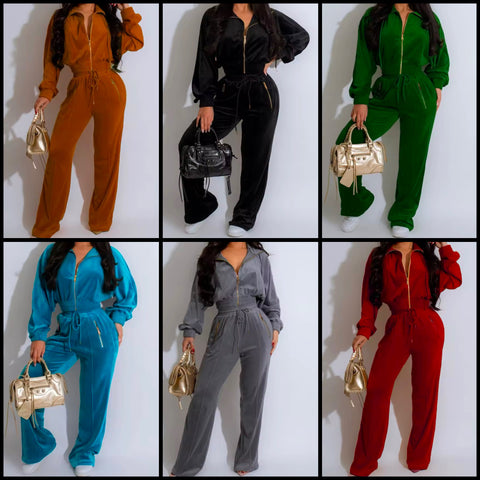 Women Fashion Velour Zip Up Tracksuit Two Piece Pant Set