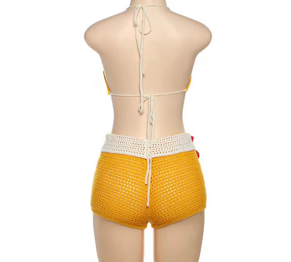 Women Sexy Halter Floral Two Piece Knitted Short Set