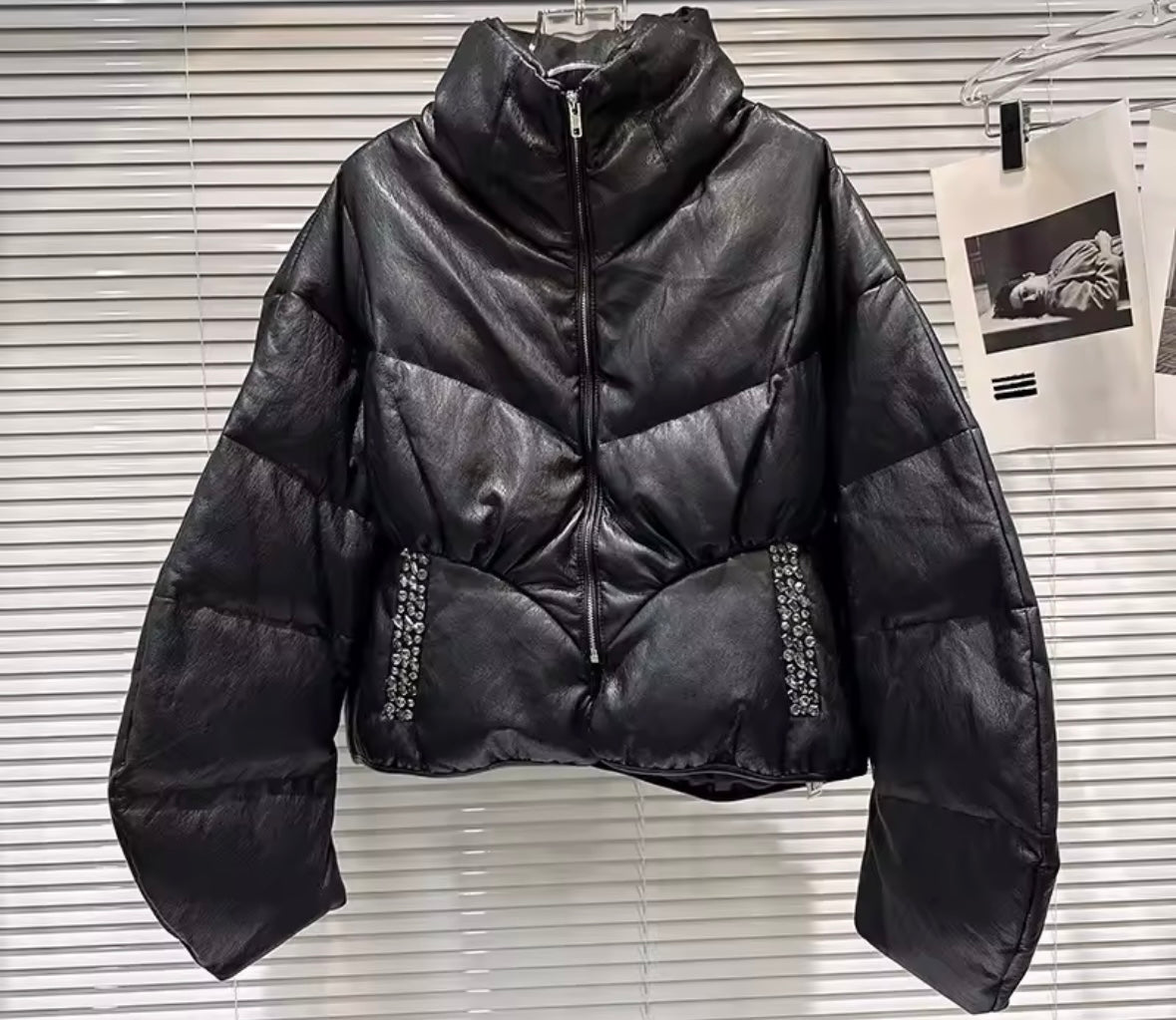 Women Fashion Rhinestone Pocket Puff Jacket