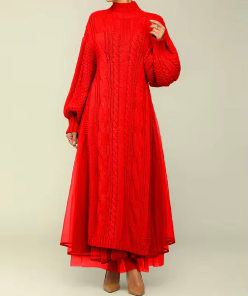 Women Turtleneck Full Sleeve Knitted Sweater Maxi Dress