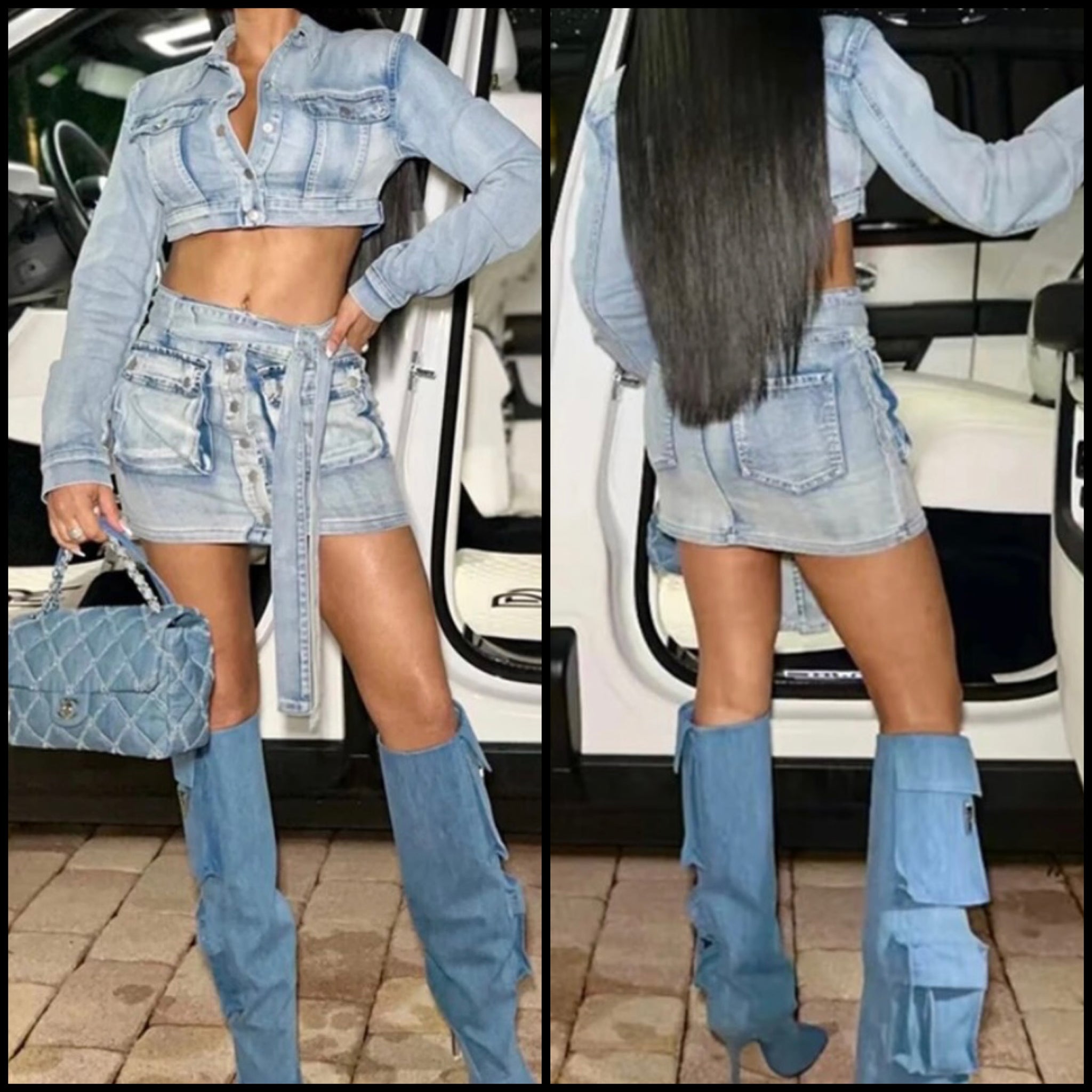 Women Fashion Two Piece Pocket Denim Crop Jacket Skirt Set