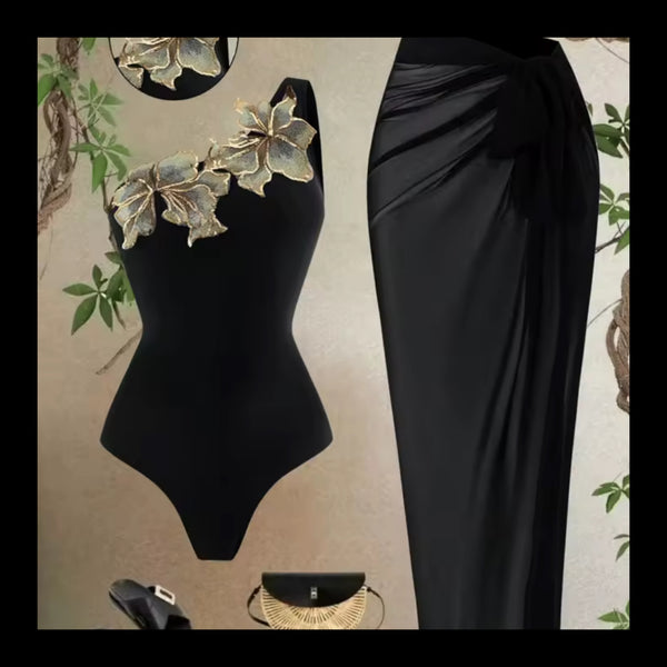 Women Black Floral One Shoulder Swimsuit Cover Up Set