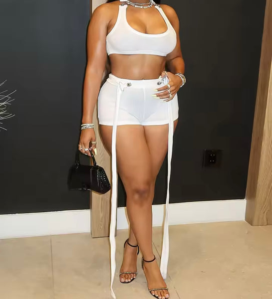 Women Sexy Sleeveless Solid Color Tassel Two Piece Short Set