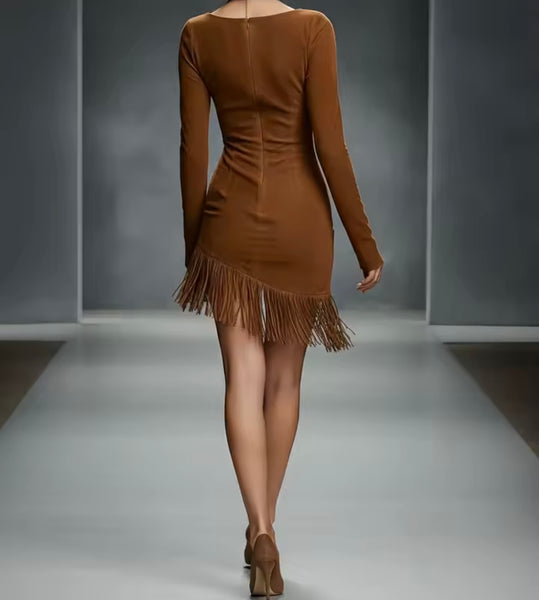 Women Sexy Fashion Brown Suede Fringe Tassel Dress