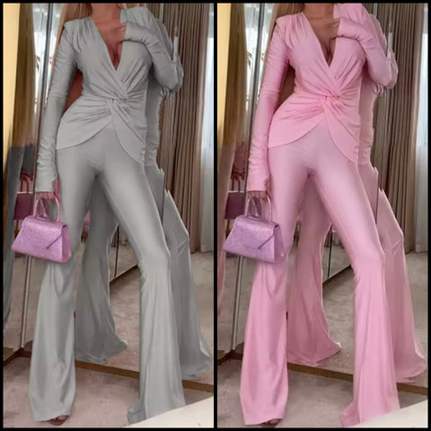 Women Solid Color Ruched Full Sleeve Two Piece Pant Set
