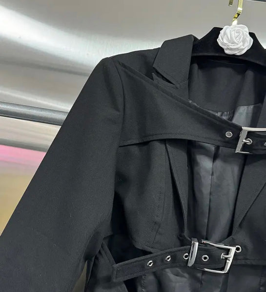 Women Fashion Black Buckled Trench Jacket