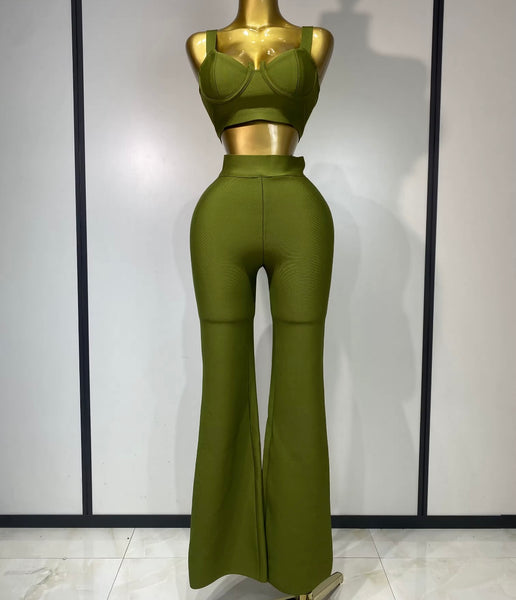 Women Color Sleeveless Sexy Crop Two Piece Pant Set