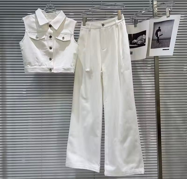 Women Fashion Sleeveless Button Up Vest Two Piece Pant Set
