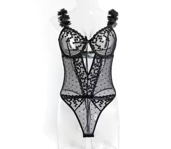 Women Sexy Sleeveless Mesh Heart Print Floral Bodysuit Lingerie