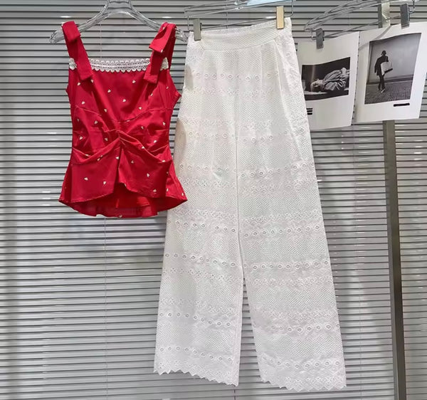 Women Sleeveless Red/White Heart Print Two Piece Pant Set
