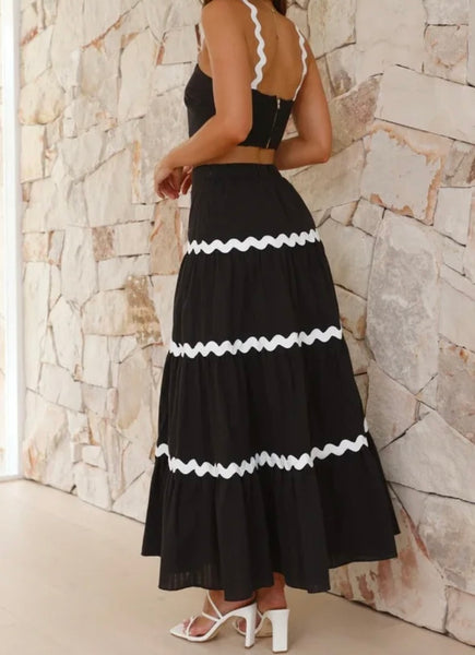 Women Sexy Sleeveless Striped Ruffled Two Piece Maxi Skirt Set