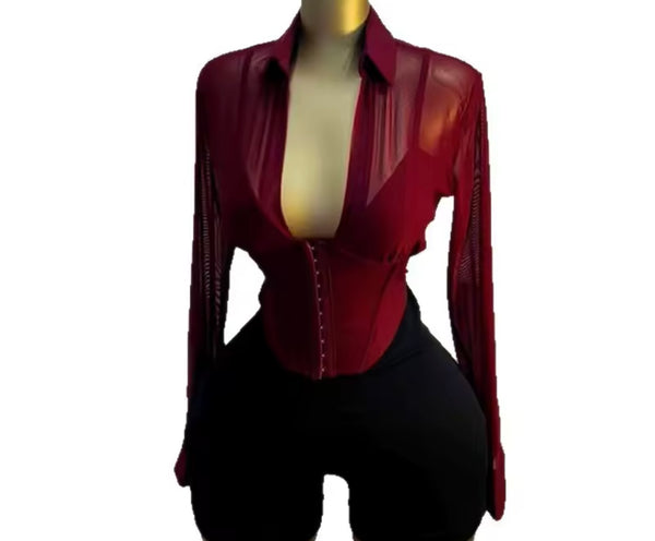Women Button Up Burgundy Full Sleeve Mesh Top