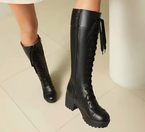 Women Fashion Faux Leather Tie Up Knee High Boots