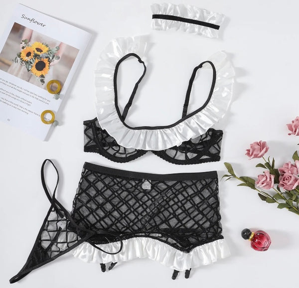 Women Sexy B&W Ruffled Choker Mesh Lingerie Set