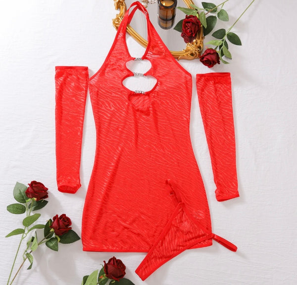 Women Sexy Red Halter Chain Cut Out Glove Mesh Lingerie Set