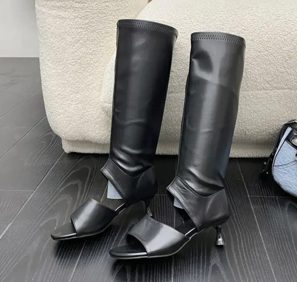 Women Open Toe Fashion Faux Leather Knee High Boots