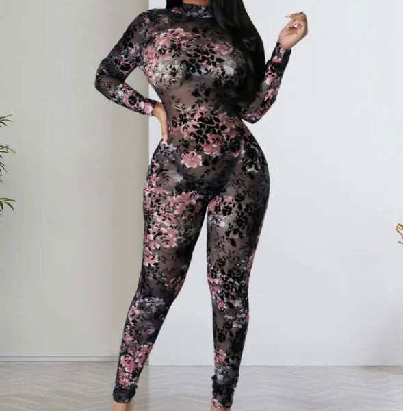 Women Sexy Full Sleeve Floral Mesh Jumpsuit