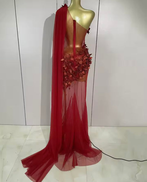 Women Sexy One Shoulder Sleeveless 3D Floral Mesh Maxi Dress