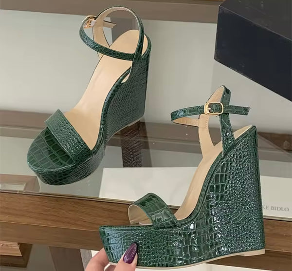 Women Fashion Green Open Toe Platform Wedge Sandals