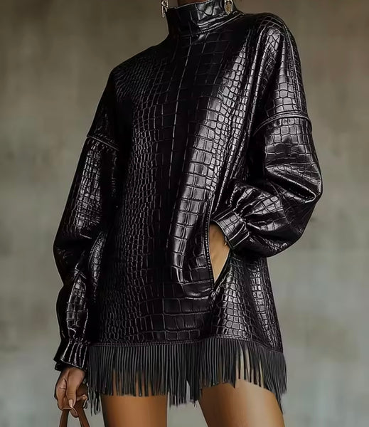 Women Sexy Fashion Turtleneck Faux Leather Fringe Tassel Dress