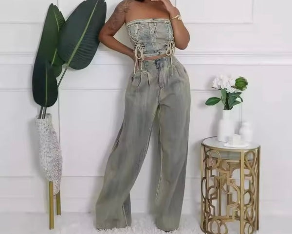 Women Fashion Strapless Denim Two Piece Loose Pant Set
