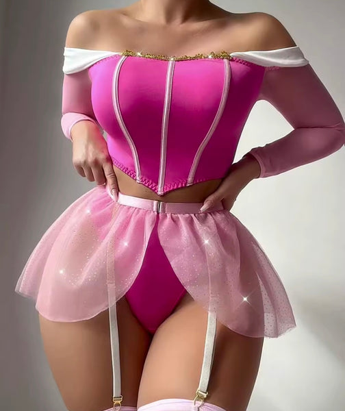 Women Sexy Pink Off The Shoulder Mesh Lingerie Set