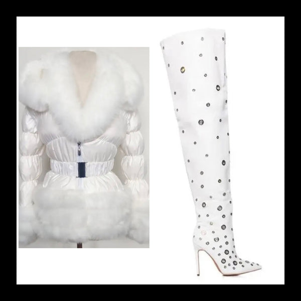 Women White Silver Metal Patchwork Knee High Boots