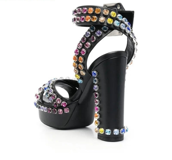 Women Fashion Faux Leather Color Rhinestone Platform Sandals