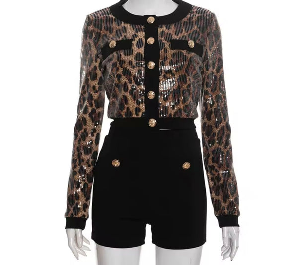 Women Sequins Leopard Print Button Up Two Piece Short Set