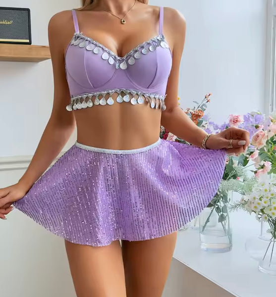 Women Sexy Purple Tassel Three Piece Lingerie Set