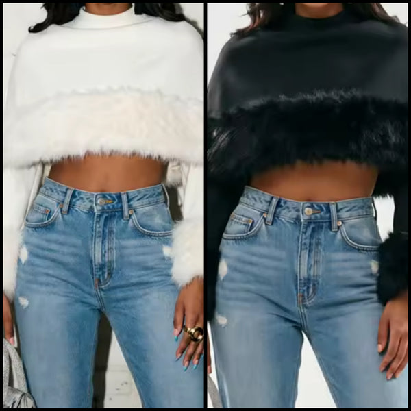 Women Fashion Fur Patchwork Full Sleeve Crop Top