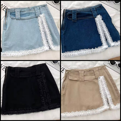 Women Sexy Fashion Lace Patchwork Denim Skirt