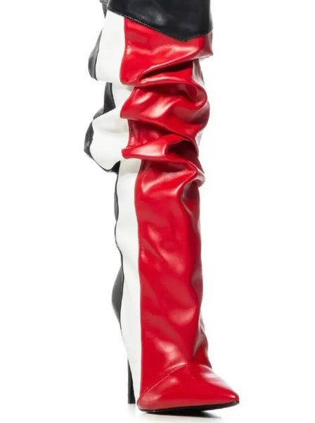 Women Multicolored Striped Fashion Faux Leather Knee High Boots