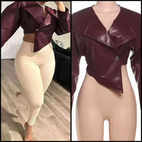 Women Fashion Burgundy PU Leather Button Crop Jacket