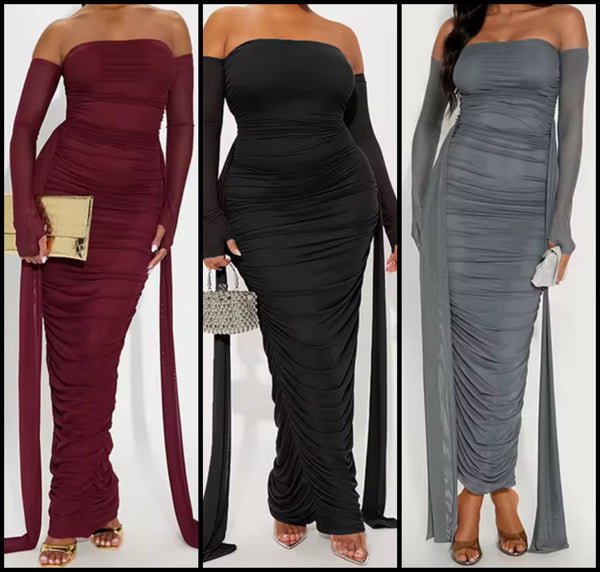 Women Sexy Off The Shoulder Mesh Full Sleeve Ruched Maxi Dress