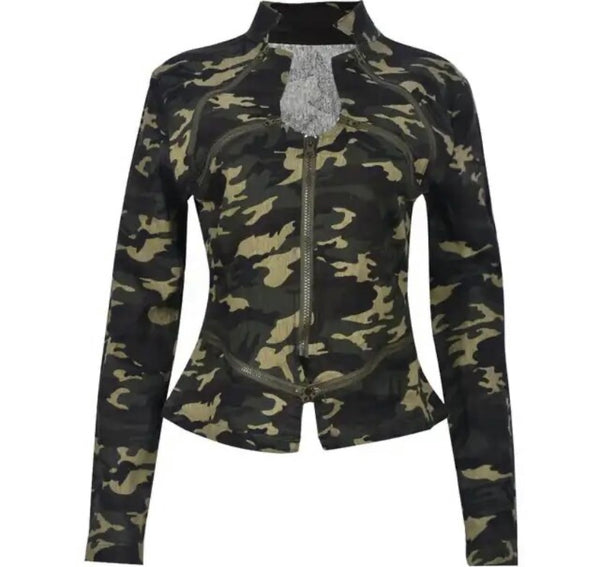 Women Fashion Camouflage Full Sleeve Zip Up Top