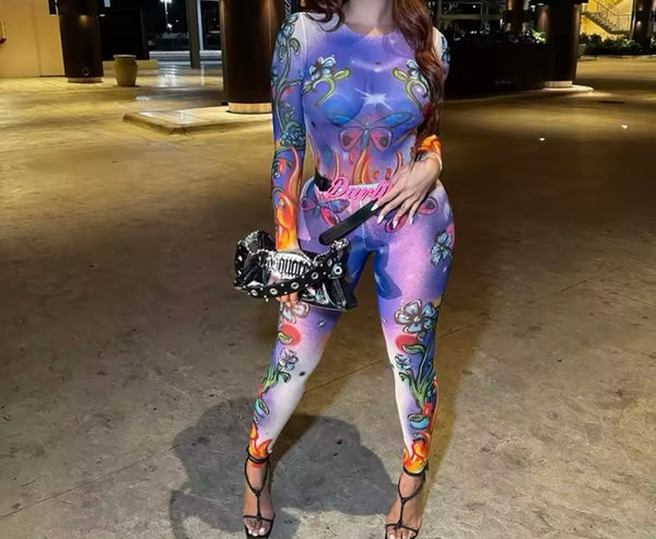 Women Sexy Multicolored Print Full Sleeve Two Piece Mesh Pant Set
