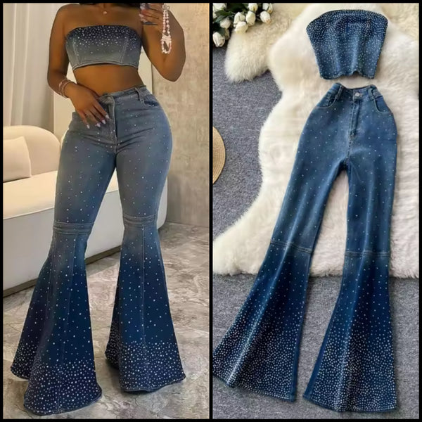 Women Strapless Bling Crop Two Piece Denim Pant Set