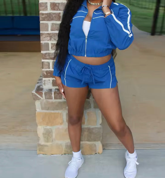 Women Fashion Blue Striped Tracksuit Two Piece Short Set