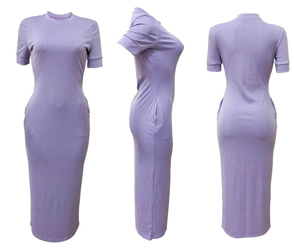 Women Solid Color Short Sleeve Ribbed Sexy Maxi Dress